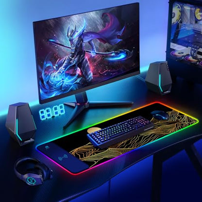 ToLuLu RGB Wireless Charging Gaming Mouse Pad, 7.5/10/15W 10 Light Modes LED Mouse Pad Computer Keyboard Mat Mousepad, 800x300x4MM Extended Large Desk Mat Desk Pad, Sun Shines Over Golden Mountain - color: Sun Shines Over Golden Mountain