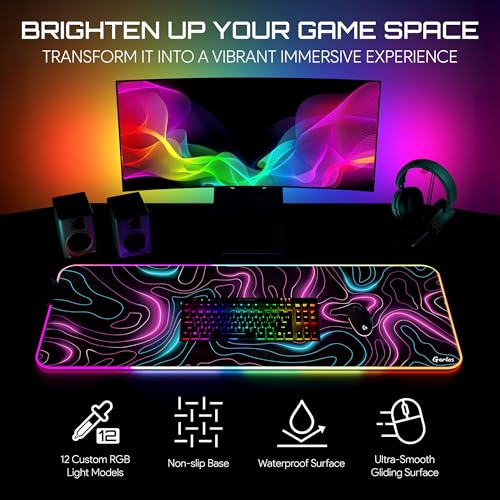Gerlos RGB Gaming Mouse Pad, Large LED Desk Mat, 31.5 x 11.8 Inch | 12 light modes, non-slip base, water-resistant surface, stitched edges - color: Neon Pink