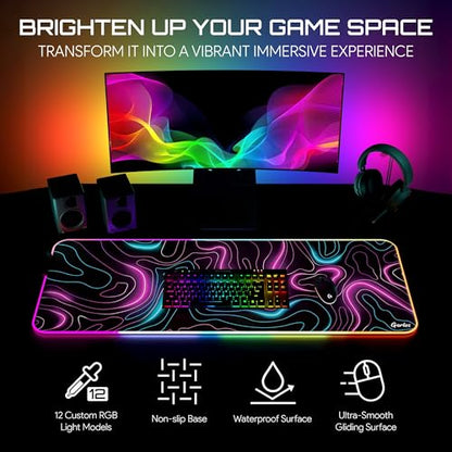 Gerlos RGB Gaming Mouse Pad, Large LED Desk Mat, 31.5 x 11.8 Inch | 12 light modes, non-slip base, water-resistant surface, stitched edges - color: Neon Pink
