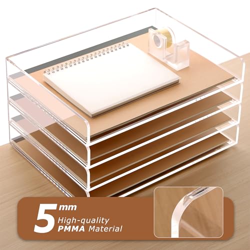 SANRUI 4 Tier Clear Desk Paper Letter Organizer Trays, A4 Stackable File Document Tray, Acrylic Desk Organizers and Accessories Sorter, Workspace Office Supplies Organizers,12.4inx8.86inx6.64in - style: Thin 4 Tier Trays