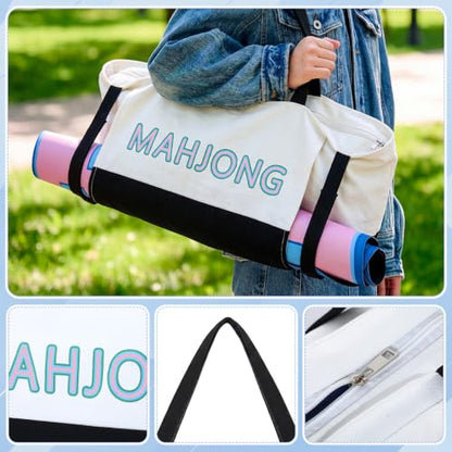 Abbylike 28x9 Inches Mahjong Bag for Rolled Mat Tiles Racks Pushers Accessories Empty Mahjong Tote Bag with Zipper Closure Outer Pockets Lining Large Capacity(Natural White&Black,Canvas) - color: Natural White&black