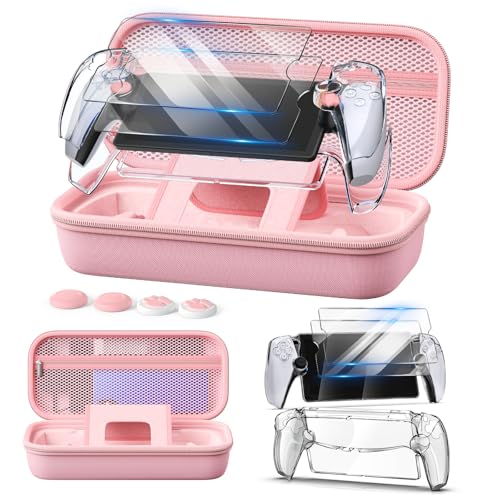 Auarte 12 in 1 Accessories Set for PlayStation Portal Remote Player | Hard Carrying Case for PS Portal with Clear Skin Case for PS5 Portal, 2 Screen Protector with 4 Thumb Grip - color: Princess Pink