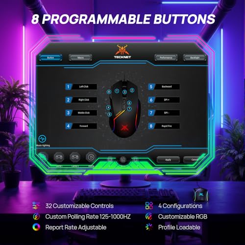 TECKNET Wired Gaming Mouse, 12,800 DPI with Optical Sensor, 8 Programmable Buttons, 13 RGB Backlit Modes, Ergonomic Design, Custom Software Gaming Mice for Laptop,PC - color: Black