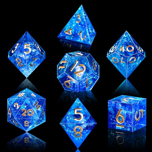 AUSTOR 7-Die DND Dice Set Handmade Sharp Edge Polyhedral Dice for Dungeons and Dragons D&D RPG MTG Table Games（Blue & Gold） - color: Blue & Gold