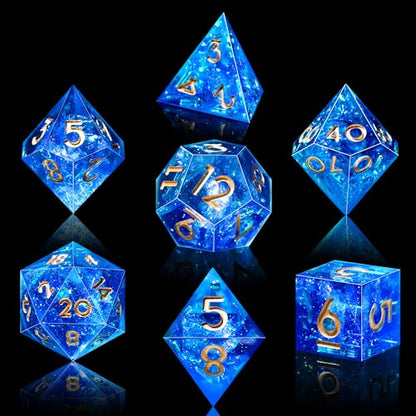 AUSTOR 7-Die DND Dice Set Handmade Sharp Edge Polyhedral Dice for Dungeons and Dragons D&D RPG MTG Table Games（Blue & Gold） - color: Blue & Gold