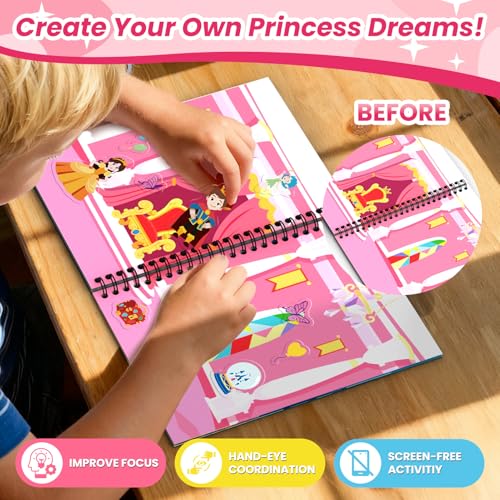 Princess Reusable Sticker Book for Toddlers, DIY Make-a-face Jelly Stickers | Make A Face & Scene Decoration Play, 56 Washable&Reusable Jelly Stickers, Portable Travel Friendly, Airplane Trip Essentials - style: Princess