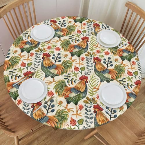 Delerain Farm Rooster Round Fitted Tablecloth, Waterproof Round Table Cloth with Elastic Edged Washable Table Cover for Indoor Outdoor Fits 40"-44" Tables, Small - color: Farm Rooster, size: 44" (Round)