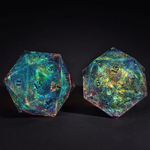 Cusdie Single D20 DND Dice with Sharp Edges and Glitter Foil Inclusions, 33mm Handcrafted 20 Sided D&D Dice, for Role Playing Game(Transparent w/Black Pattern) - color: Transparent W/Black Pattern
