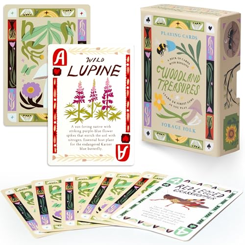 Woodland Treasures Botanical Playing Cards for Nature Lovers & Collectors – Beautiful Playing Cards, Poker Deck Featuring 52 Hand-Illustrated Forest Wonders + Digital Booklet of 20 Classic Games - style: Woodland Treasures