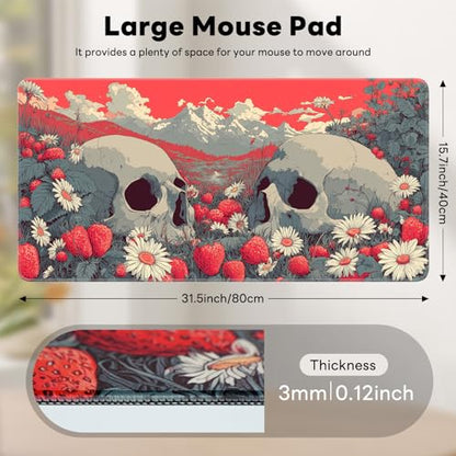 Large Gaming Mouse Pad, XL Desk Protector, Non-Slip Base | 31.5x15.7 in Extended Desk Mat with Stitched Edges for Keyboard, Work, Game, Office, Home PC and Laptop - color: Skull Strawberries