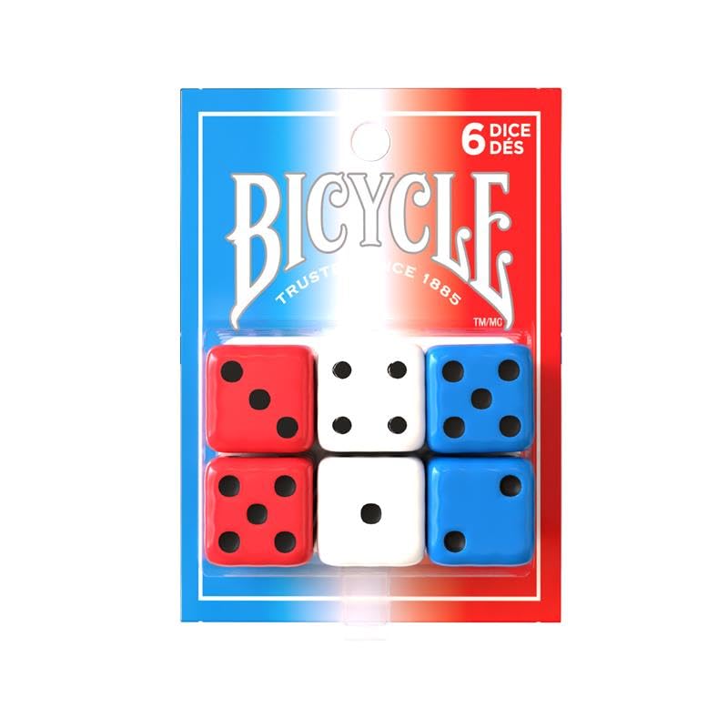 Bicycle 6X Dice Set, Six Sided D6 Dice, Red, White, Blue, 16 mm | 6 six sided D6 dice, 16 mm standard size, Ideal weight for fair play, Perfect for dice-based games and learning