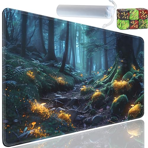 Playmat for MTG, 24x14 Inches Playmats, for TCG and CCG Trading Card Game Mat, Non-Slip Rubber for MTG Playmats with A Storage Bag and 6 Dice Set, Magic Forest Mushroom - color: Yu-Playmat-1-A22