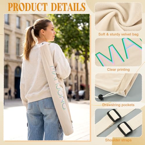 35 Inch Long Velvet Mahjong Mat Bag Cute Double Strapped Drawstring Mahjong Mat Holder Lightweight Carrying Bag for Board Games Outdoor Travel Storage-Mat Not Include(Beige,1 Pc) - color: Beige