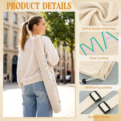 35 Inch Long Velvet Mahjong Mat Bag Cute Double Strapped Drawstring Mahjong Mat Holder Lightweight Carrying Bag for Board Games Outdoor Travel Storage-Mat Not Include(Beige,1 Pc) - color: Beige