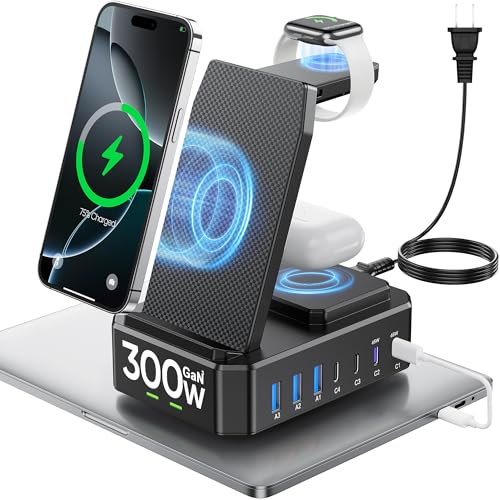 300W Charging Station for Multiple Devices Apple,10 in 1 Wireless Charger for iPhone,GaN III USB C 65W PD Fast Charging Stand Dock for MacBook,iWatch&Airpods (Wireless Charging Only for Apple) - color: Black