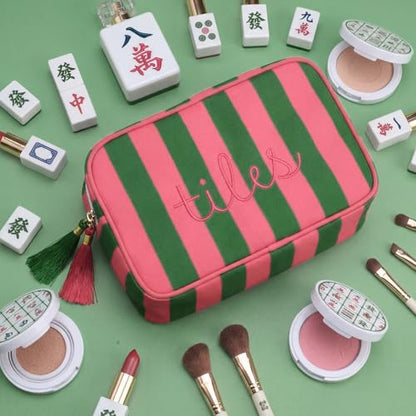 Sanwuta 1 Pcs Mahjong Tile Bag with Zipper,Rose, Green,Striped | Embroidered Mahjong Case for 166 American Mahjong Tiles (1.2") Portable Bags for Board Game Party Gathering Travel - color: Pink, Green, style: Classic