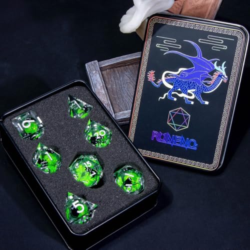 Roycevon Resin DND Dice Set with Gift Box, 7Pcs Liquid Core Cat D&D Dice, Cute Dungeons Dragons D and D Dice, Sharp Edge Role Playing Game Dice D20 D12 D10 D8 D6 D4, Green - color: Green