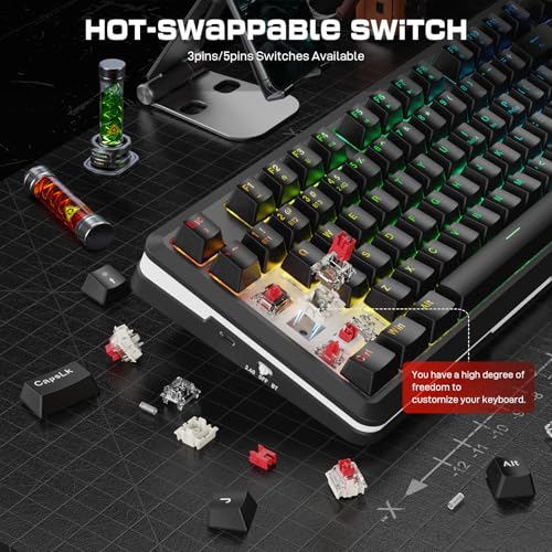 Redragon K713 Wireless Mechanical Keyboard, Gasket Mounted RGB Gaming Keyboard, 3-Mode (2.4G/BT/USB), Pre-Lubed Linear Red Switches, 75％ Layout, 82 Keys Hot Swappable for PC/Mac - Black - color: Abyssal Black, size: Pre-Lubed Red Switch