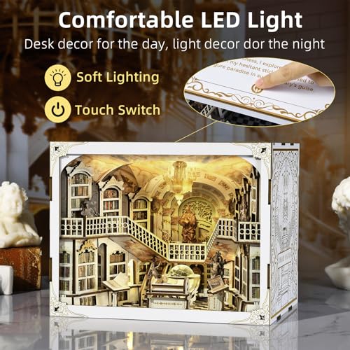 MiniCity Library of Gods Book Nook Kit, DIY Wooden Miniature Scene with LED | Build an abbey library in 6-8 hr; 314-piece kit includes LED, dust cover, glue/tools and guide for shelf display, ages 14+. - style: Library of Gods Max
