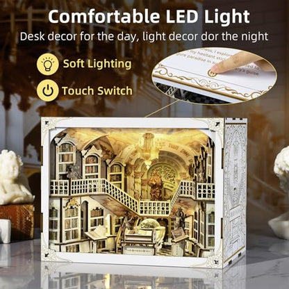 MiniCity Library of Gods Book Nook Kit, DIY Wooden Miniature Scene with LED | Build an abbey library in 6-8 hr; 314-piece kit includes LED, dust cover, glue/tools and guide for shelf display, ages 14+. - style: Library of Gods Max