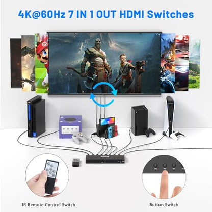 HDMI Switch 7 in 1 Out 4K@60Hz, 7 Port HDMI Switcher Selector Support HDR & HDCP 2.2 & Full 3D Compitable with Nintendo Switch,Xbox PS5/4,Fire Stick,Roku,Apple TV for Gaming & Home Entertainment - size: 4K@60Hz 7 in 1 Out HDMI Switch