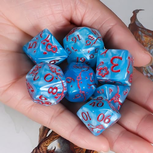 CiaraQ 7pcs Polyhedral Dice Set for Dungeon and Dragons MTG Table Games | Acrylic Role Playing Dice for D&D with Black Velvet Bag – Cyan Blue Pearl with Red Numbers & Plum Blossom Patterns - color: Cyan Blue and Red Floral Dice