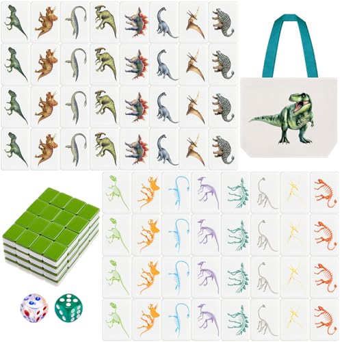 Hollowfly 2 Player Mahjong Block Set with Storage Bags 65 Tiles 30 mm Dinosaur Mahjong Push Tile Game with Dinosaur Pattern No DIY Required for Friend Family Game Night Party Gift - style: Dinosaur