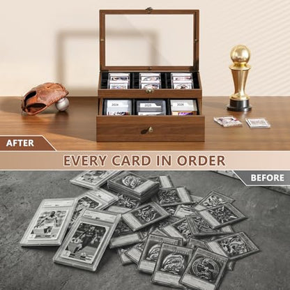 Emfogo Trading Card Storage Box, Wooden Graded Sports Card Display Case | Trading Card Display Case, Adjustable Drawer Dividers, TCG Card Storage Boxs, 1800+ Card Organizer for TCG, MTG, Sports Cards