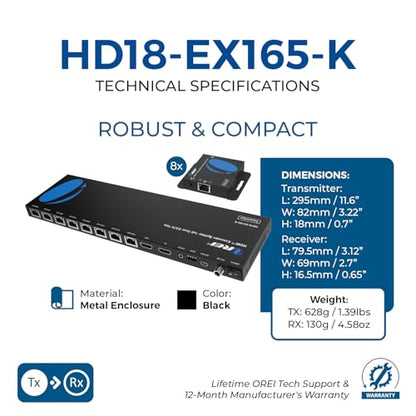 OREI 4K 1x8 HDMI Extender Splitter Multiple Over CAT 6/7 Cable with EDID management - 4K@30Hz upto 165ft and 1080p@60Hz upto 230ft- Loop Out | 1x8 HDMI Extender – HDMI 1.4, 10.2Gbps, Dolby TrueHD, DTS-HD Master Audio, Plug & Play, Metal Housing, PoC Suppo
