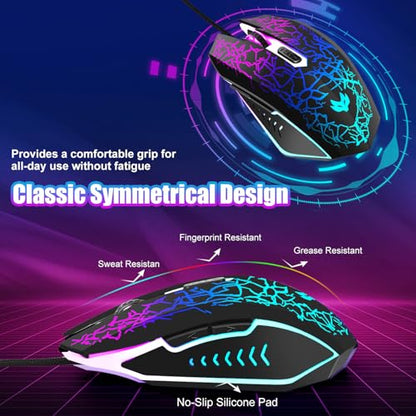 Wired Gaming Mouse, 4-Color LED Light Computer Mouse, Ergonomic Mouse with 6 Silent Click Buttons, 3 Adjustable 2400 DPI USB Wired Mouse for Laptop, PC, Mac, Black
