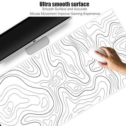 Large Gaming Mouse Pad Extended XXL Mouse Mat Long Desk Pad with Stitched Edges for Keyboard Home Office Gaming Work Big Desk Pad (35.4x15.7x0.12IN, 90x40),White Topographic - color: White Topographic