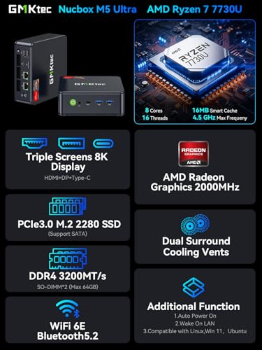 GMKtec M5 Ultra Gaming Mini PC Ryzen 7 7730U (Upgraded 7430U/ 5825U), 32GB RAM 512GB SSD Dual NIC LAN 2.5GbE Desktop Computers, Triple 4K Display, WiFi 6E, USB-C, BT 5.2, DP, HDMI 2.0 - size: R7 7730U 32GB DDR4 + 512GB
