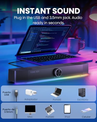 Computer Speakers for Desktop, 2.0 Channel PC Speakers with Bottom Glow LED Light, Clear Sound Soundbar for Desktop Laptop Monitor, 3.5mm Aux Input, USB Powered, Black