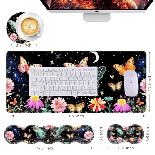 Mouse Pad,Large Desk Mat Set, 4in1 XL Mousepad + Keyboard Wrist Rest+Mouse Wrist Rest+Coaster with Ergonomic Desk Pad for Home Office Table Computer Cover -Butterfly Moon Flower - color: Butterfly Moon Flower