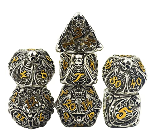 Metal DND Dice Set Skull Dungeons and Dragon Dice Set Hollow Polyhedral Magic 7 PCS Dice Set with Gift Metal Box for Dungeons and Dragons Table Games Play Cards MTG(Skull_Ancient Silver and Gold) - color: Skull_ancient Silver Plus Gold