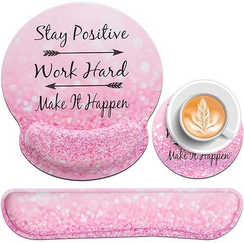 Mouse Pad with Wrist Rest Set Pink, 3-in-1 Wrist Support Mousepad Set,Gaming Mat Pad with Anti-Skid Base,Ergonomic Mouse Pad,Memory Foam Keyboard Gel Wrist Rest - color: Pink Particle
