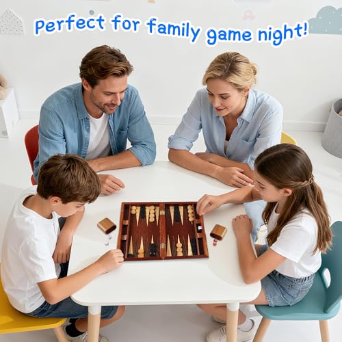 Offelec Wooden Backgammon Set for Kids, 13 Inches Backgammon Board Game Set with 32 Backgammon Pieces, 5 Dice & 2 Cups - Classic Strategy Game for Kids Adults and Family - color: 13 Inch Family Backgammon