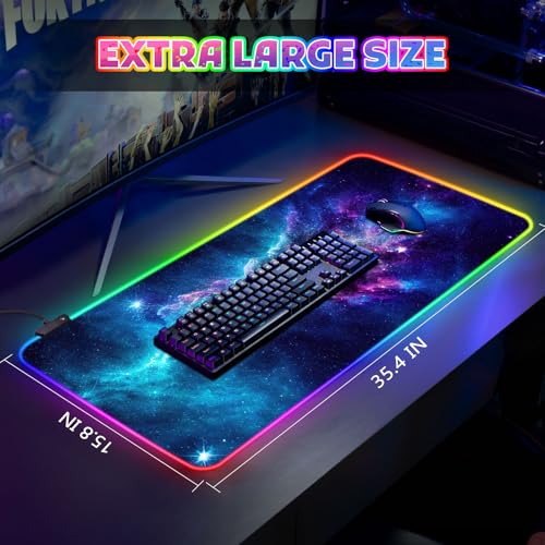 ToLuLu RGB Mouse Pad Gaming, XXL Large LED Mouse Pad with 14 Lights Modes | 35.4 x 15.7 inches Desk Mat for Keyboard and Mouse, Extended Desk Pad Mat PC Gaming Mousepad Accessories（Blue Purple Galaxy)