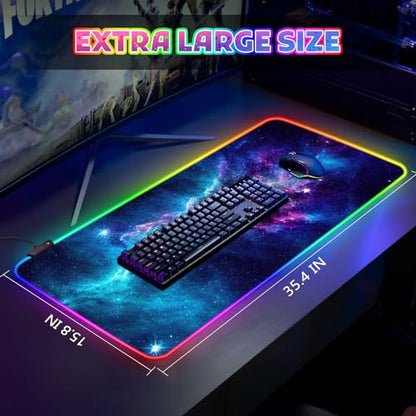 ToLuLu RGB Mouse Pad Gaming, XXL Large LED Mouse Pad with 14 Lights Modes | 35.4 x 15.7 inches Desk Mat for Keyboard and Mouse, Extended Desk Pad Mat PC Gaming Mousepad Accessories（Blue Purple Galaxy)