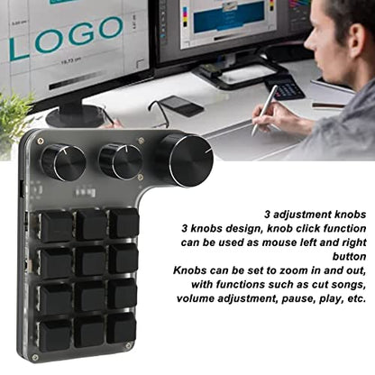 Dilwe 12-Key One-Handed Mechanical Gaming Keyboard - Programmable Macro Keypad with 3 Knobs, Portable Bluetooth USB for Office and Gaming
