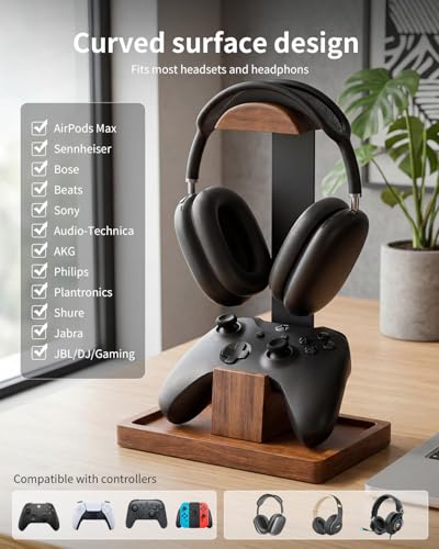 Headphone Stand and Controller Holder, 2-in-1 Walnut Wood Gaming Desk Organizer Compatible with Controllers, Display Mount for AirPods Max, Bose, Sennheiser, Gift for Gamers