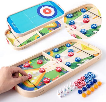 3-in-1 Wooden Tabletop Board Game - Portable Curling, Slingshot & Bowling Set for Kids & Family - Educational Montessori Toy, Screen-Free Indoor Fun, for Boys Girls Ages 3+