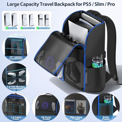 LVVIL PS5/ Slim/ Pro Console Backpack, Full Protection Carrying Case, Large Capacity Storage Bag, Dual Controllers, PS Portal, Laptop, Game Cards, 3 Cable Pouch, Ocean Blue - color: Ocean Blue