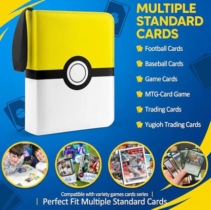 Card Binder 4 Pocket, Trading Card Holder Album Book, 50 Removable Sleeves Hold 400 Cards, PU Leather Zipper Portable Game Collection Card Case Ideal Gift (Yellow) - color: Yellow, size: Medium