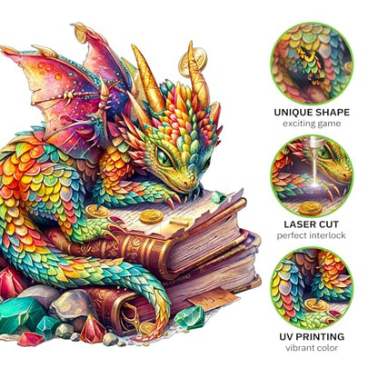 Jigfoxy Wooden Puzzles for Adults, Jeweled Dragon Wood Puzzle for Adults, Unique Animal-Shaped Wooden Jigsaw Puzzle, Christmas Thanksgiving Gifts for Family and Friends (M-11.4 * 10.7in-185pcs) - size: Medium