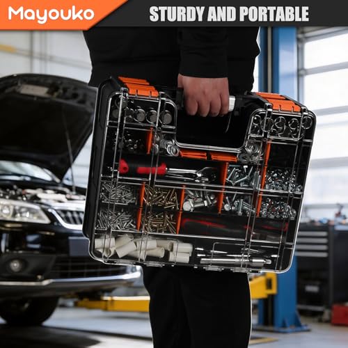 Mayouko Double Side Tool Box with Transparent Lid, 8 Movable Small Trays & Removable Dividers, Multi-Function Small Parts Organizer, for Hardware, Screws, Bricks, Nails, Jewelry and Fishing Tackle - size: 15.16"L x 12.8"W x 6.3"H