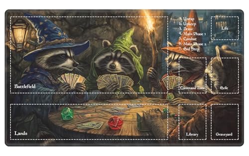 Fantasy Raccoon TTRPG Night MTG Playmat, Medieval Tavern TCG Mat with Game Zones, EDGFRTOIO Tabletop Magic Play Mats 24"x14" Non-Slip Rubber Base for Trading Card Games Battles - color: Fantasy Raccoon Ttrpg Night, size: 24"X14" With Zones