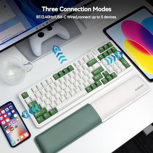 AUSDOM 98Pro Wireless Mechanical Keyboard, Tri-Mode BT/2.4GHz/USB-C Hot Swappable Custom Gaming Keyboard with Backlit, Gasket Structure, Linear Switches for Windows/Mac/PC (Clicky Sound) - color: Green