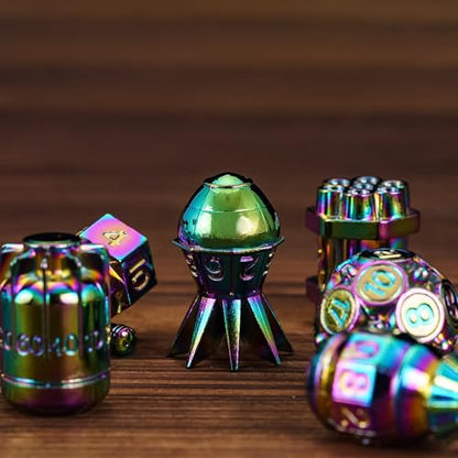 UDIXI Metal Dice Set D&D 7PCS RPG Polyhedral Metal DND Dice Set Rainbow | Bomb Shape, Solid Metal, Cool Design, Leather Pouch Pakaging, for Dungeons and Dragons Role Playing Games Tabletop Game - color: Colorful