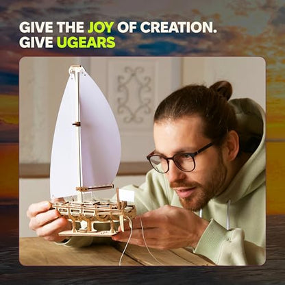 UGEARS Ocean Beauty Yacht 3D Wooden Puzzles for Adults - Mechanical Wooden Model Kits for Adults to Build - DIY Puzzle Boat with Paper Sails - Brain Teaser Building Set 3D Puzzle